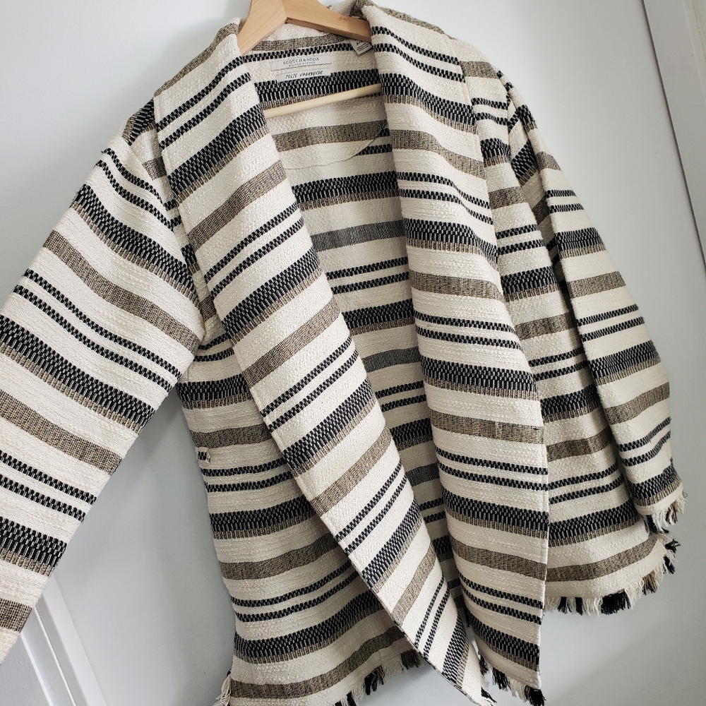 Scotch And Soda Medium Jacket Open Front Baggy Knit Stripes Boho Fringe Cotton
